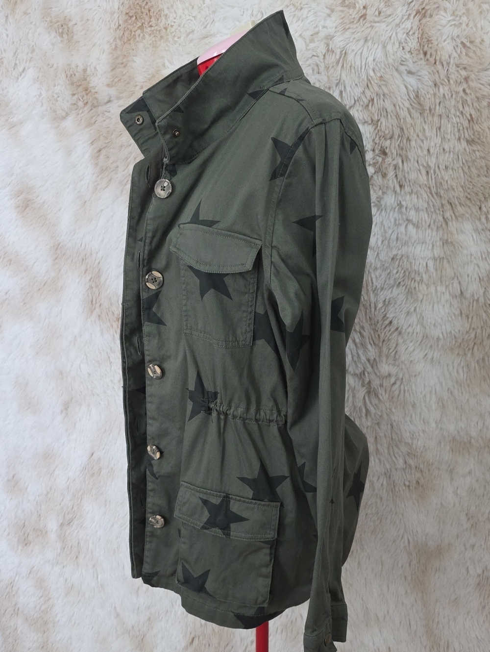 Knox Rose Olive Green Star Print Utility Jacket Women's Large Military Cargo Ano - Picture 10 of 13